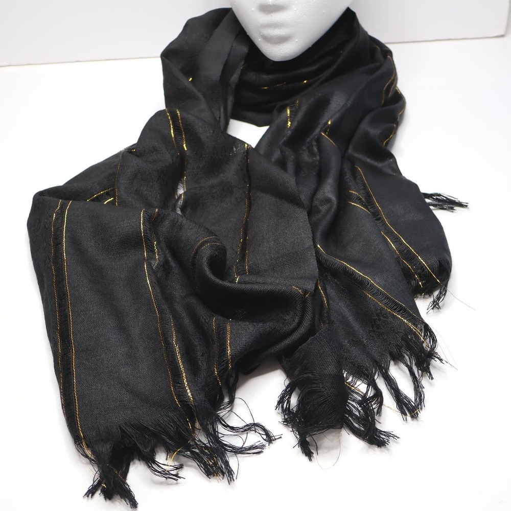 Black Gold Metallic Striped Fringe Scarf Shawl Wrap Semi Sheer Whimsigoth Formal